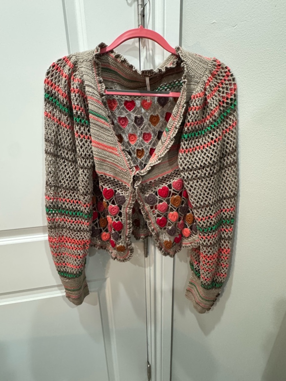 Free People Beige Crochet Cardigan with Multicolor Heart Motifs